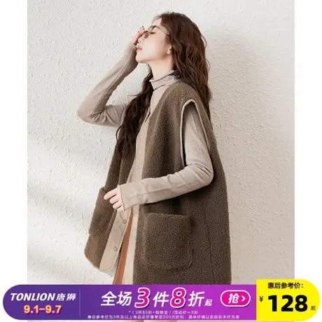 唐狮2024秋冬季新款女V领拼接仿羊羔毛马甲设计感宽松外套潮流商品大图