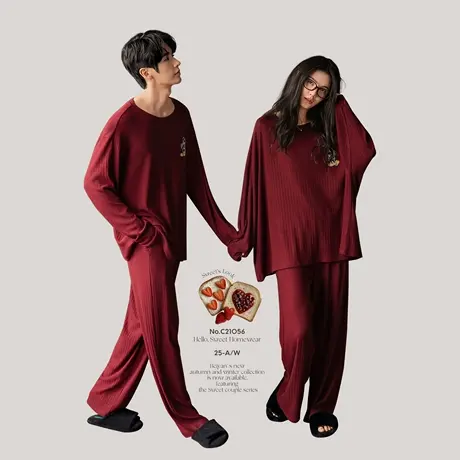 迪士尼新婚纯棉情侣睡衣女款春秋季长袖本命年红套装男结婚家居服商品大图