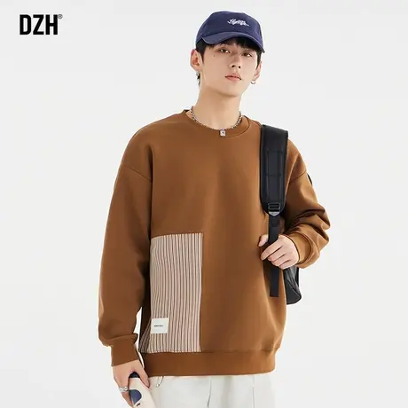 男士美式咖色卫衣男春秋款圆领2023年新款拼接上衣高级感休闲外套商品大图