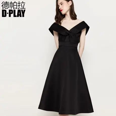 D－PLAY德帕拉早春款欧美黑色V领高腰交叉设计露背修身连衣裙商品大图