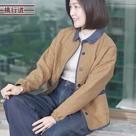 休闲撞色妈妈短外套女2025春秋新款大码宽松中老年减龄衬衫领外衣商品大图