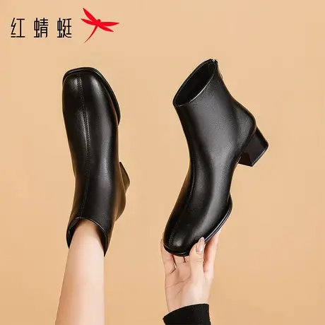 红蜻蜓女鞋2025秋冬新款方头英伦风时尚百搭优雅气质粗跟瘦瘦靴女图片