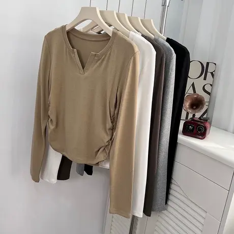 短款小个子内搭V领打底衫女春秋季韩版修身显瘦褶皱长袖T恤上衣潮商品大图