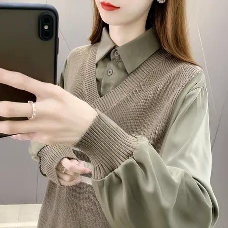 拼接假两件Polo领针织衫套头上衣文艺复古风休闲女装2023秋冬新款图片