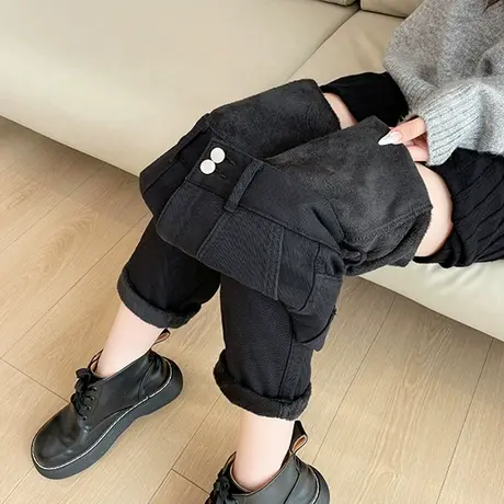 黑色卷边牛仔裤女冬季新款高腰显瘦宽松直筒加绒哈伦萝卜老爹裤子商品大图