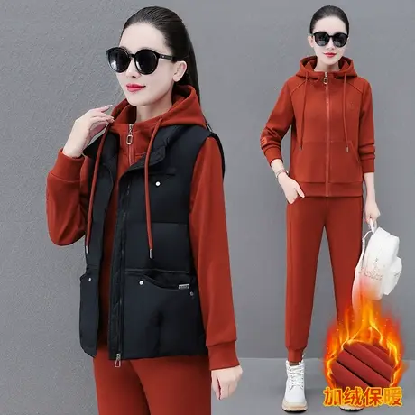 加绒加厚卫衣套装女秋冬时尚矮个子中年妈妈休闲运动带马甲三件套商品大图