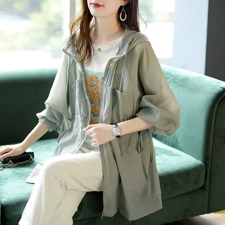 宝诗黎抽绳收腰秋季连帽防晒衫上衣女2023口袋新款宽松长袖薄外套商品大图