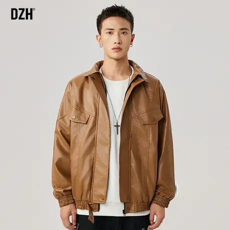男士棕色机车皮衣外套男秋冬潮高级感休闲工装皮夹克上衣2023新款商品大图