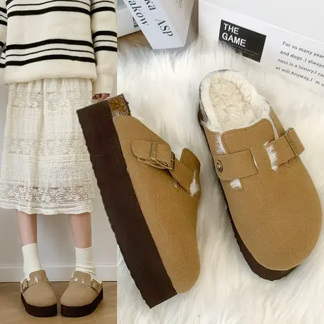 厚底勃肯鞋女增高跟包头半拖鞋外穿2023新款秋冬季棉拖鞋博肯拖鞋商品大图