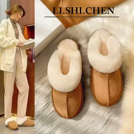 包头雪地靴拖鞋女毛绒2023新款外穿无后跟女鞋懒人鞋博肯毛毛拖鞋图片