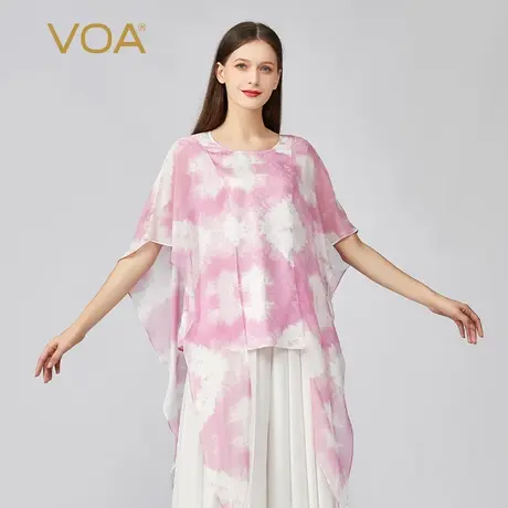 VOA提花真丝圆领拼接活页蝙蝠袖亲肤宽松淑女尖角摆桑蚕丝T恤衫图片