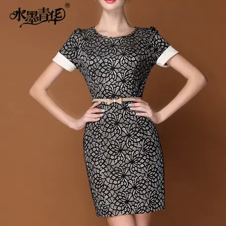 水墨青华夏装连衣裙 气质OL通勤 修身显瘦打底 短袖连衣裙图片
