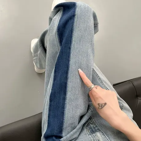 阔腿牛仔裤女春秋新款高腰宽松直筒裤小个子撞色拼接设计感拖地裤商品大图