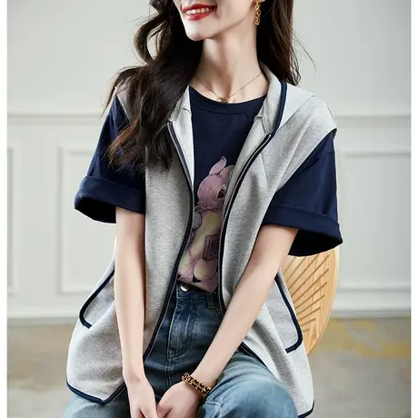 宝诗黎连帽休闲拉链马夹外套女2023夏季新款外搭无袖薄款上衣坎肩商品大图