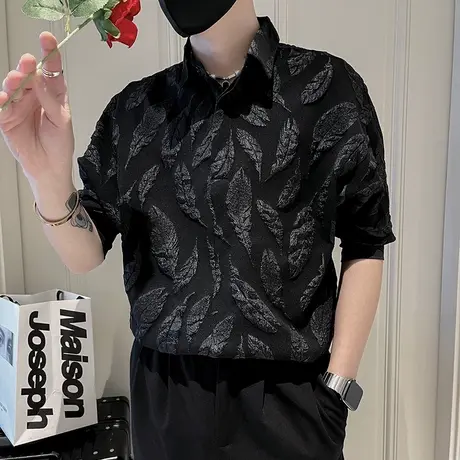高级感短袖衬衫男七分袖寸衫夏季痞帅发型师潮牌立体树叶休闲衬衣商品大图