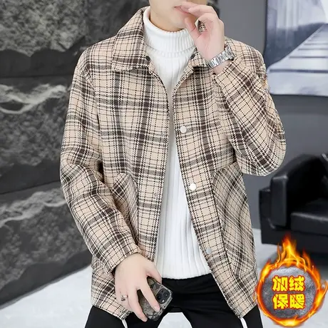 秋冬季小香风格子夹克男加绒加厚潮牌呢子宽松外套学生可卸帽风衣商品大图