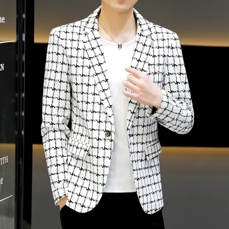男士西装春季潮流休闲单西外套ins时尚高级感男装格子帅气小西服商品大图