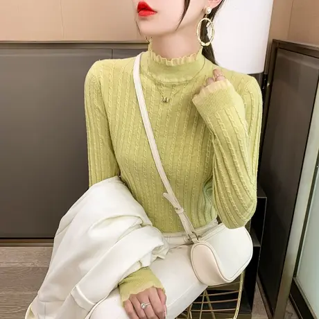 半高领蕾丝打底衫女士秋冬2025新款时髦洋气小衫毛针织衫内搭毛衣商品大图