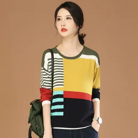 韩潮袭人长袖圆领条纹套头针织衫上衣女2024春季新款休闲百搭毛衣图片