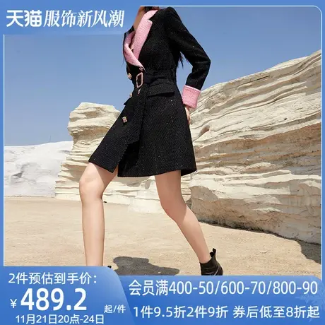 AUI黑色御姐小香风修身外套女2023冬新款职业气质中长款西装大衣图片