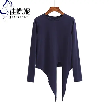 春秋季新款圆领宽松长袖中长款开叉纯色纯棉简约T恤打底衫女装商品大图