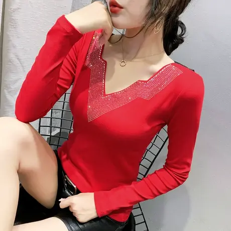 春秋重工烫钻T恤女长袖秋衣外穿网纱拼接美背上衣洋气百搭打底衫商品大图