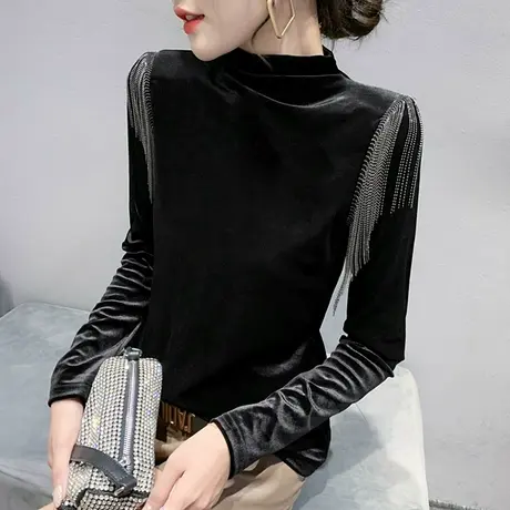半高领打底衫女秋冬2024新款时尚流苏长袖T恤修身百搭金丝绒上衣图片