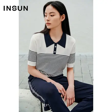 INSUN恩裳线上专选夏季条纹POLO领冰丝针织衫商品大图