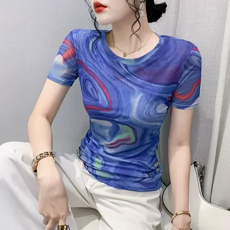 漂亮印花上衣女短袖2024夏装新款性感网纱T恤ins洋气修身圆领小衫图片