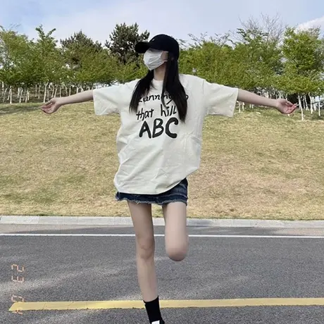 夏日多巴胺穿搭短袖t恤女2023新款中长款宽松遮肚子纯棉上衣潮牌图片