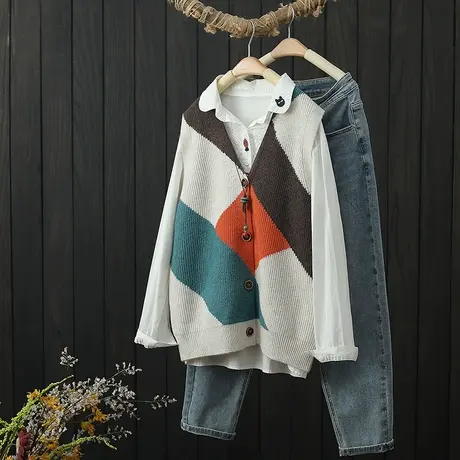 女装2022新款秋季V领针织开衫马甲女士撞色毛衣背心无袖坎肩外搭商品大图