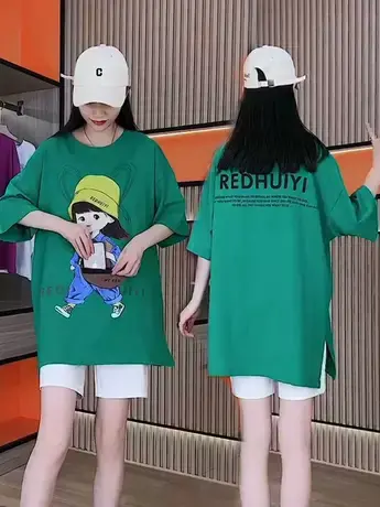 2023夏季新款挎包女孩拉链口袋字母印花T恤开叉韩版时尚潮流短袖商品大图