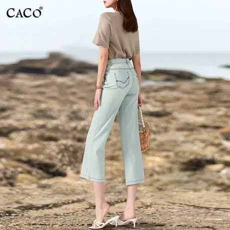 九分牛仔裤女2025夏季薄款高腰镶钻蓝白色八分裤宽松微喇七分裤商品大图