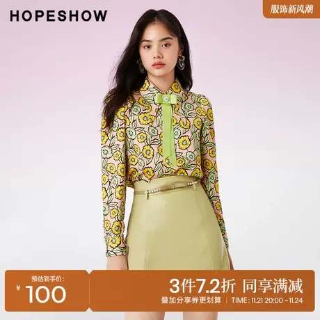 红袖outlets缎面蝴蝶结上衣hopeshow2022春季新款印花飘带领衬衫图片