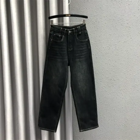 个性贴布阔脚拖地裤女秋冬新款复古高腰休闲百搭加绒牛仔直筒长裤图片