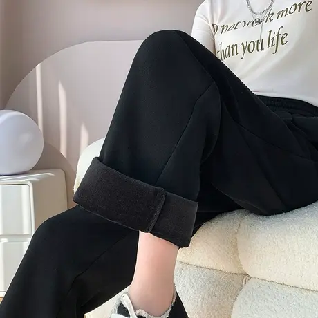 休闲裤女2023秋冬季新款黑色高腰加绒加厚显瘦抽绳垂感阔腿直筒裤商品大图