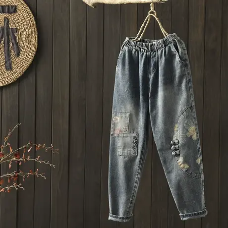 枫谜秋装新款文艺复古盘扣牛仔长裤女宽松休闲贴布牛仔哈伦裤子商品大图