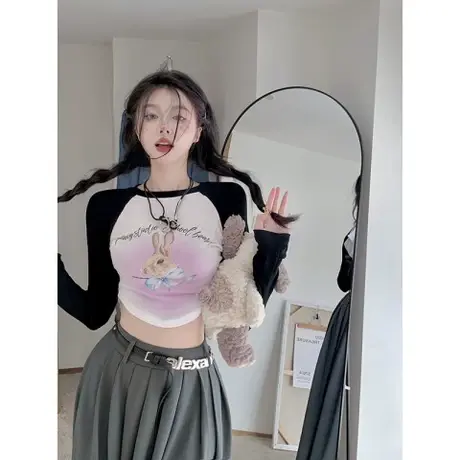 美式复古插肩长袖t恤女春秋修身显瘦甜辣妹潮牌正肩撞色短款上衣商品大图