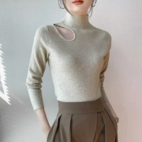 半高领长袖针织衫女装2023秋冬新品镂空露肩设计感西装内搭打底衫图片