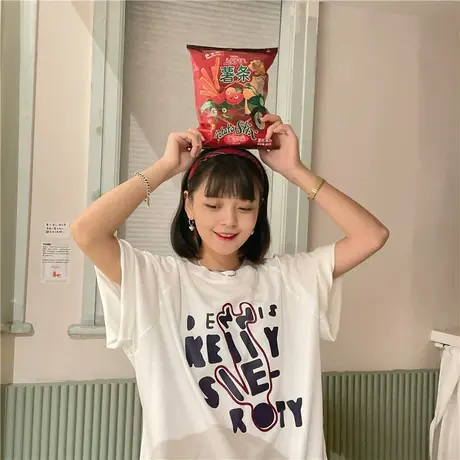 红续新款韩版夏装卡通盐系少女慵懒风宽松可爱纯棉短袖T恤女ins商品大图