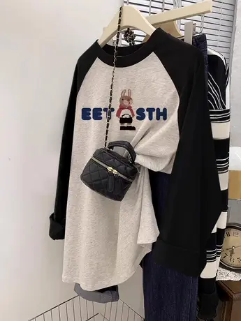 韩系chic风纯棉长袖T恤女插肩袖正肩打底衫潮ins秋季外搭闺蜜上衣商品大图