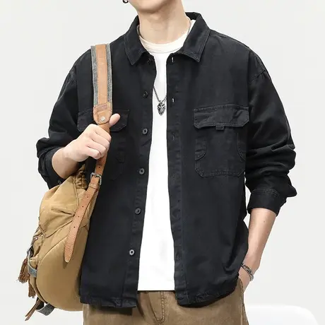 百搭衬衫长袖男士美式翻领休闲外套男装纯棉百搭潮流工装衬衫男款图片