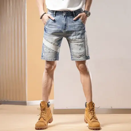 Modi Nick/摩帝尼克夏季男士修身五分裤薄款破洞潮流短裤休闲男款商品大图