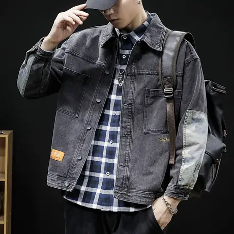春秋新款牛仔外套男宽松韩版潮流加肥加大码胖子潮牌休闲工装夹克图片