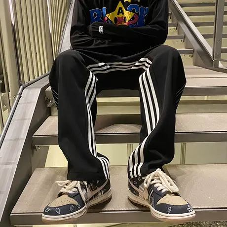 秋季裤子男款美式宽松休闲长裤直筒裤侧边条纹卫裤男生垂感运动裤商品大图