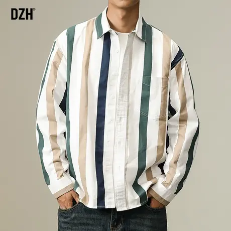 男士条纹衬衫男长袖翻领上衣2024秋季新款高级感衬衣男生休闲外套商品大图