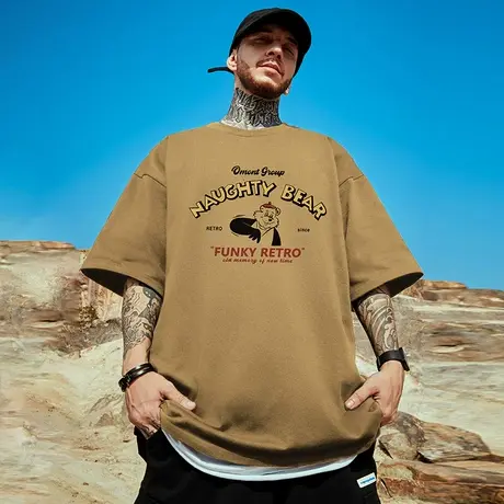 大码男装夏季美式复古字母纯棉短袖T恤男街头潮流宽松卡其色半袖图片