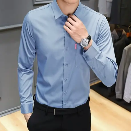 男士长袖春秋季白衬衫商务职业正装秋季西装打底衬衣蓝黑工装寸衣商品大图