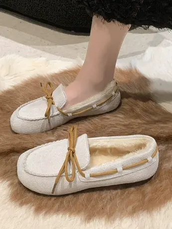 皮毛一体乐福豆豆鞋女2023新款秋冬季加绒雪地靴一脚蹬加厚棉鞋女商品大图