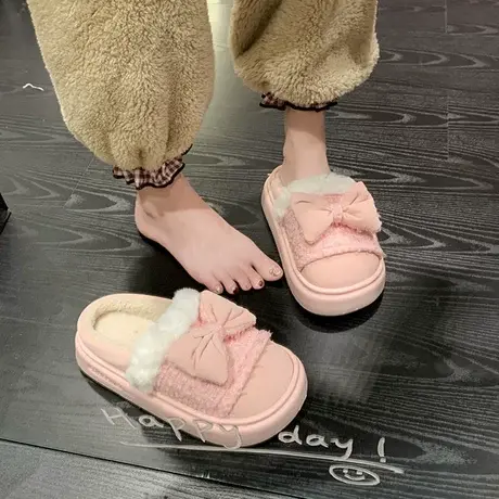 厚底踩屎感棉拖鞋女冬季居家时尚蝴蝶结毛绒拖鞋冬保暖月子鞋防滑商品大图